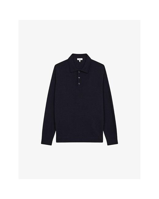 Reiss Blue Trafford Polo-Collar Slim-Fit Merino-Wool Jumper for men