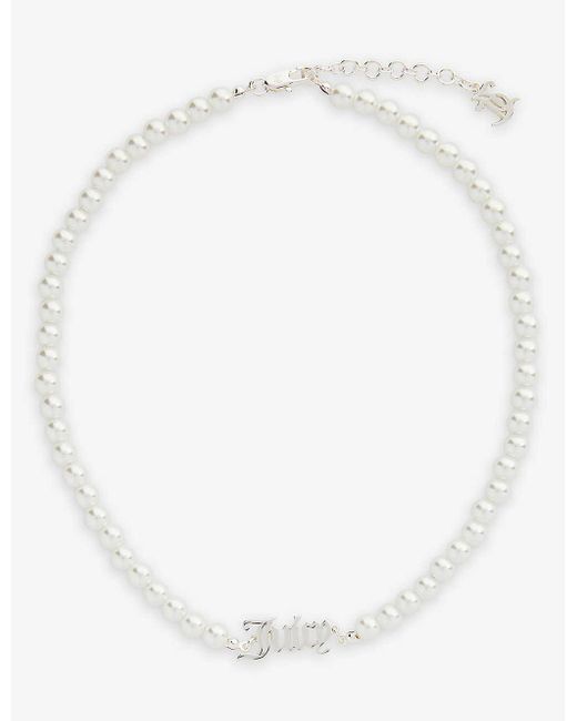 Juicy Couture White Brand-plaque Brass And Faux-pearl Chain Necklace