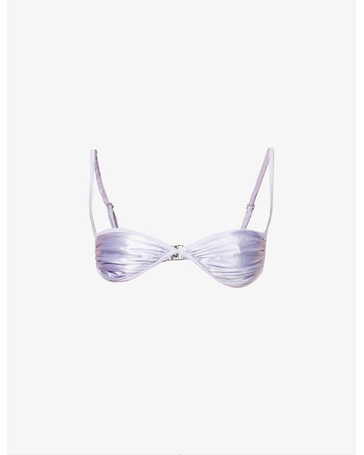 Isa Boulder Satin Fawning Ruched Bikini Top in Purple | Lyst