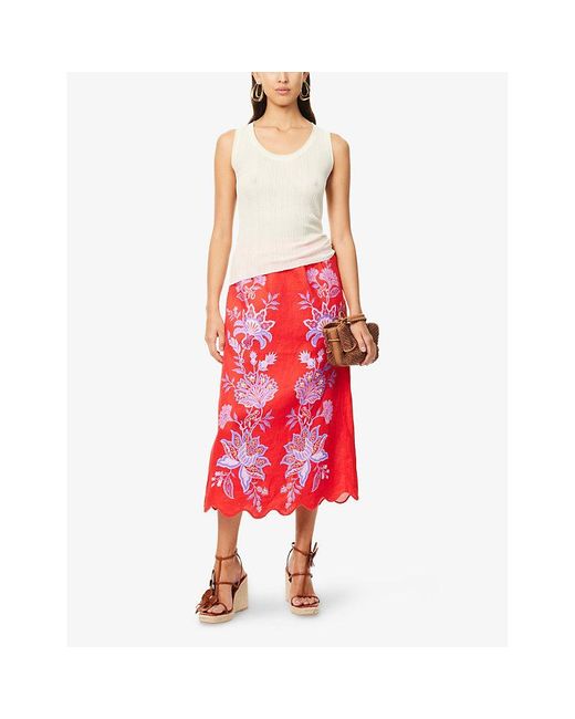 FARM Rio Porcelain Garden Scalloped Linen Midi Skirt in Red | Lyst