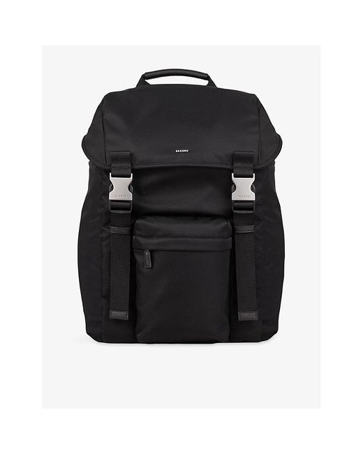 Sandro Black Logo-Plaque Woven Backpack for men