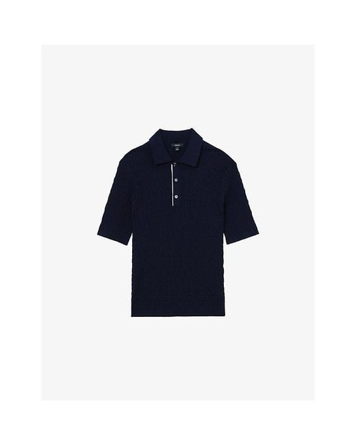 Reiss Blue Era Short-Sleeve Textured-Knit Polo for men