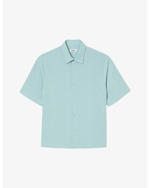 Sandro Blue Crease-effect Short-sleeved Relaxed-fit Woven Shirt for men