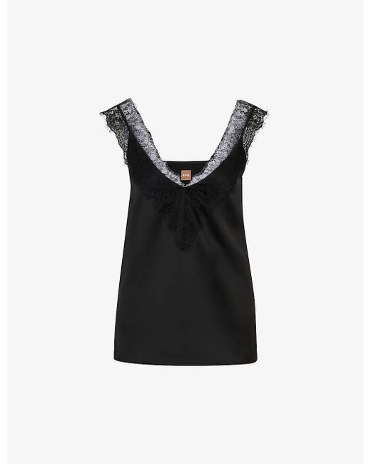 Boss Black V-neck Lace-trim Recycled-polyester Cami Top
