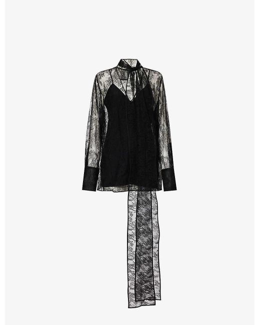 Givenchy Black Lavalliere Semi-sheer Lace Blouse