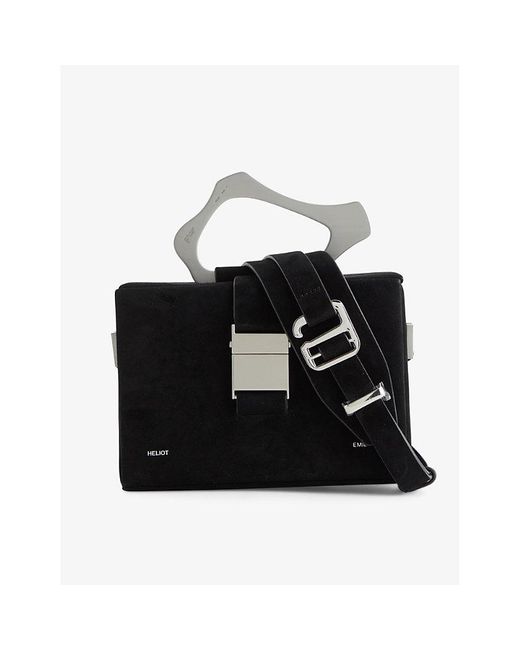 HELIOT EMIL Black Foiled-branding Structured Suede Top-handle Bag for men