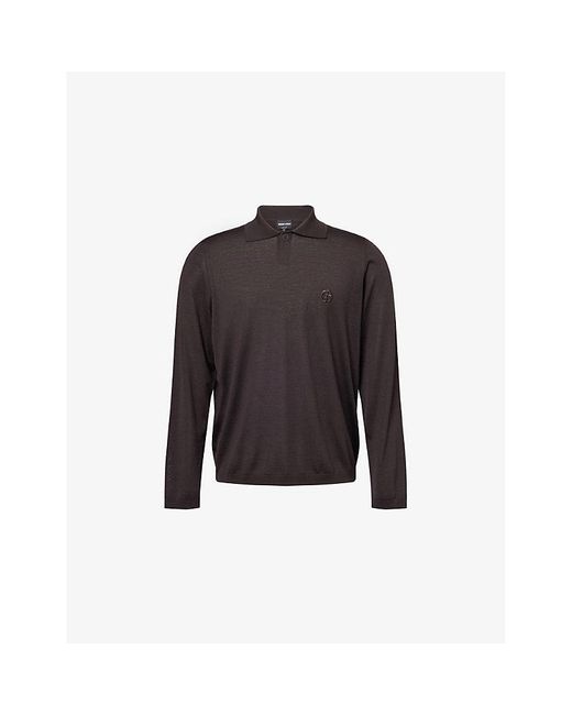 Giorgio Armani Men's Black Logo-Embroidered Fine-Knit Wool Polo Shirt
