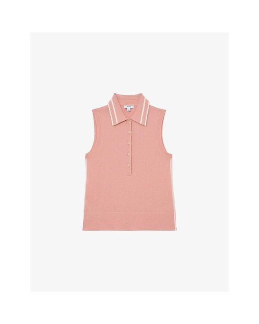 Reiss Pink Saskia Sleeveless Wool And Cashmere Polo Top