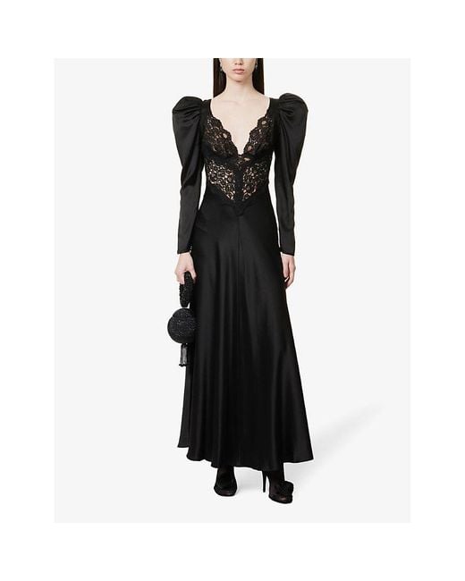 Rodarte Black Lace-panel Puff-sleeve Silk Maxi Dress