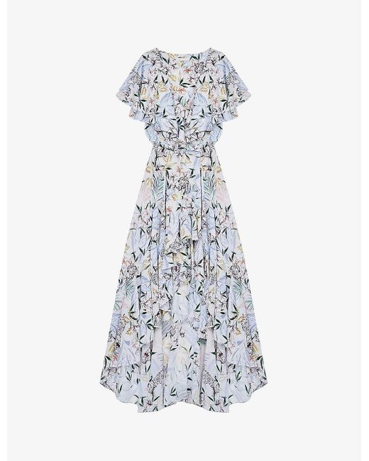 Maje Blue Womens White Jungle Rivale Floral-print Satin Wrap Maxi Dress 14