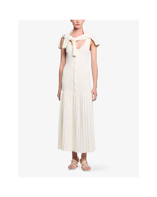 Sandro White Scoop-Neck Ribbed Knitted Maxi Dress