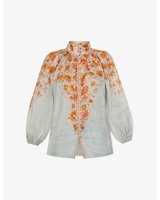 Zimmermann Linen Andie Billow Floral-embroidered Ramie Top in Dusty ...