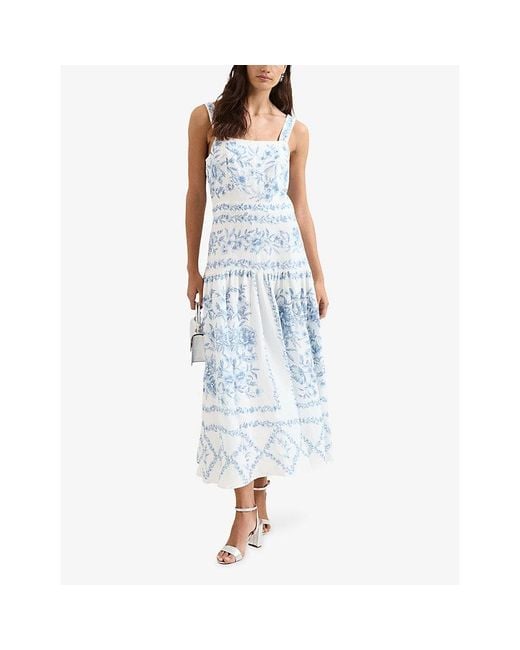 Phase Eight Blue Torin Floral-Print Linen-Blend Midi Dress