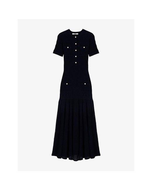 Maje Black Pointelle Short-Sleeve Stretch-Knit Maxi Dress