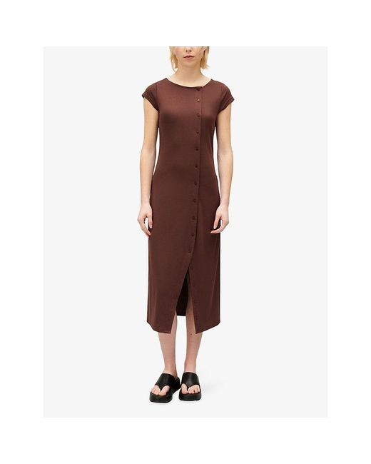 Claudie Pierlot Brown Boat-neck Short-sleeved Stretch-woven Midi Dress