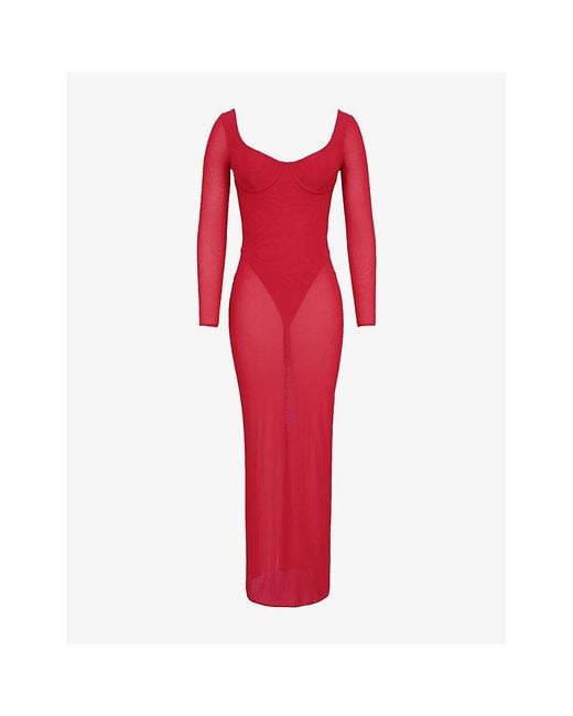 House Of Cb Red Everly Mesh Maxi Dress With Bodysuit