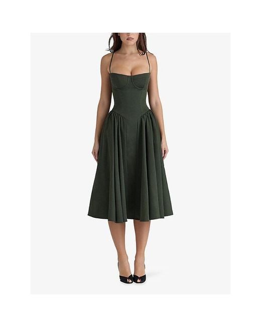 House Of Cb Green Samaria Corseted Woven Midi Dress