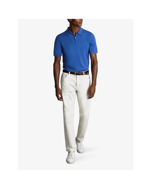 Reiss Blue Maxwell Zip-neck Slim-fit Knitted Polo Shirt for men