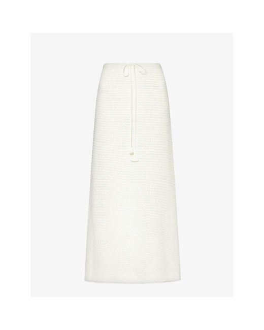 Self-Portrait White Drawstring-waist Crochet-pattern Knitted Midi Skirt