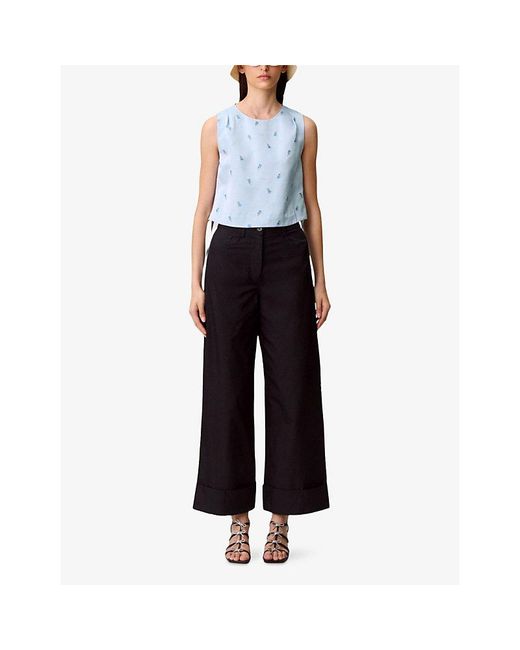 Claudie Pierlot Blue Floral-Embroidered Side-Tie Satin Top