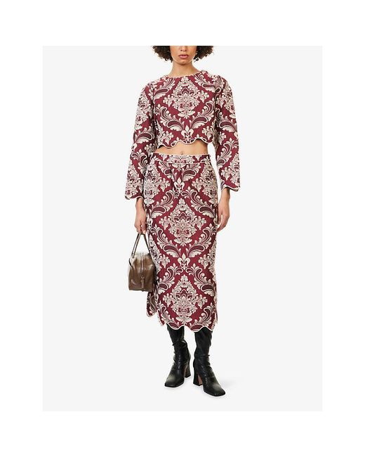 Farm Rio Red Bicolor Jacquard Waves Woven Top