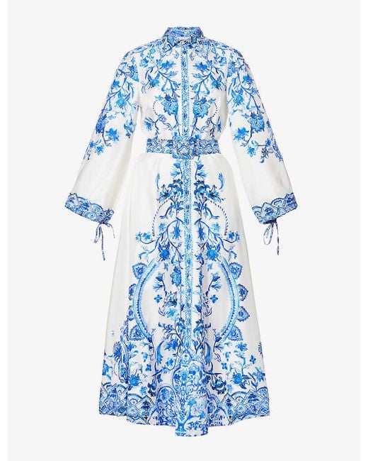 Polo Ralph Lauren Blue Paisley-pattern Long-sleeve Silk Maxi Dress