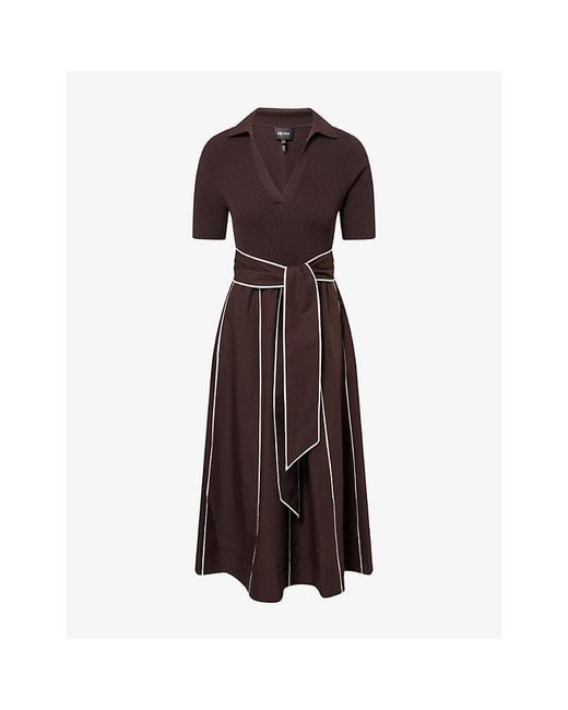 ME+EM Brown Polo-Collar Belted Cotton Midi Dress