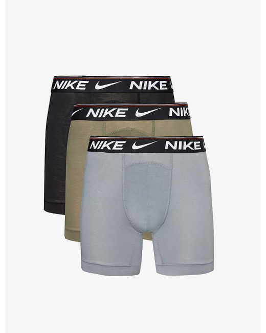 Nike Gray Grey Olive Black Logo-waistband Pack Of Three Stretch-recycled Polyester Boxer Briefs for men