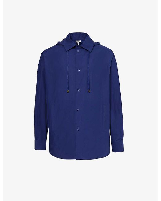 Loewe Blue Anagram-jacquard Hooded Cotton Overshirt for men