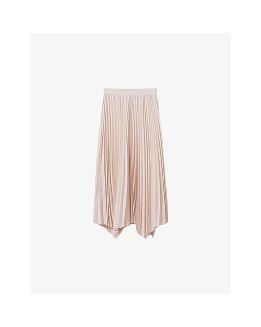 Reiss Pink Azalea Asymmetric-hem Pleated Woven Midi Skirt