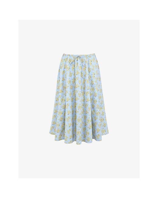 House Of Cb Blue Cora Floral-print Stretch Cotton-blend Midi Skirt