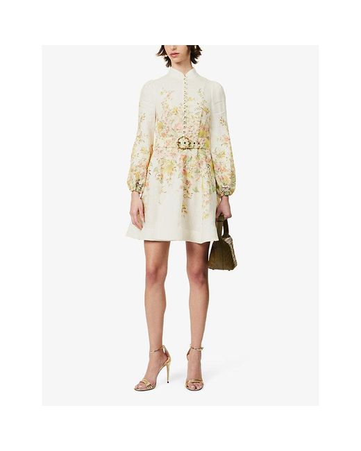 Zimmermann Natural Floral-print Puffed-sleeve Linen Mini Dres