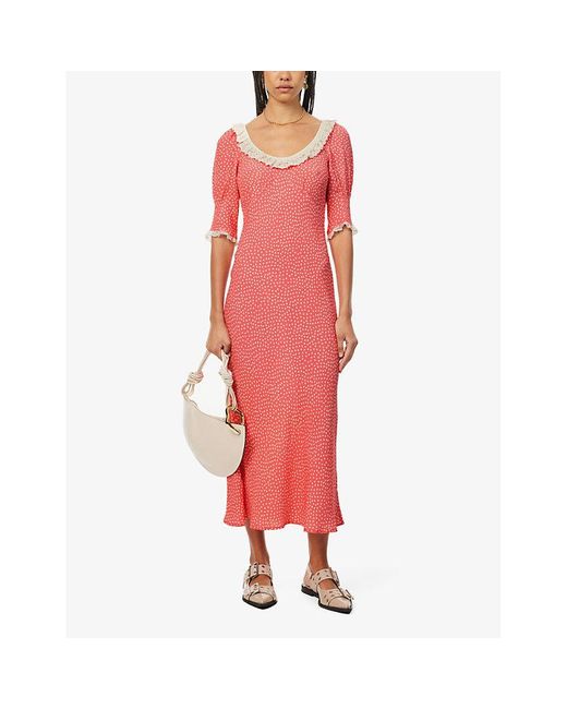 Rixo Pink Juliette Lace-trim Silk Woven Maxi Dress
