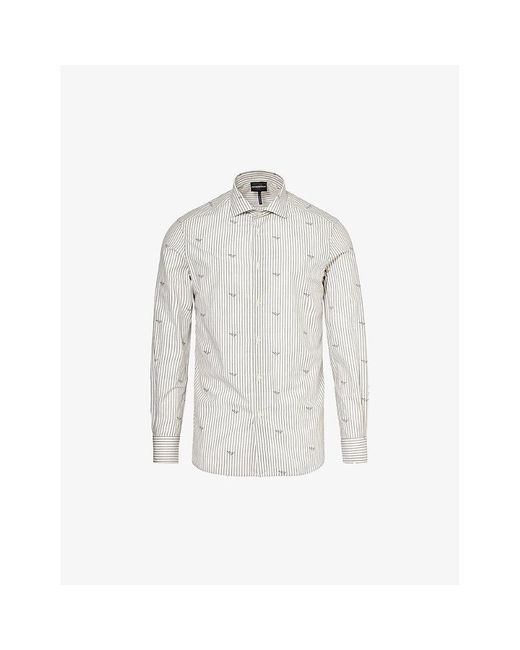 Emporio Armani White Stripe-print Regular-fit Cotton-poplin Shirt for men