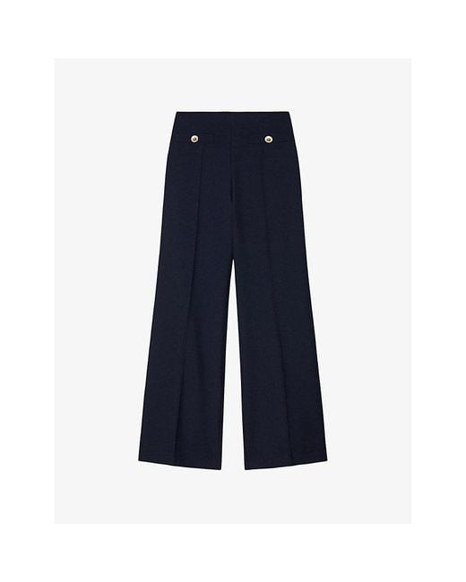 Sandro Blue Button-embellished Wide-leg High-rise Wool-blend Twill Trousers