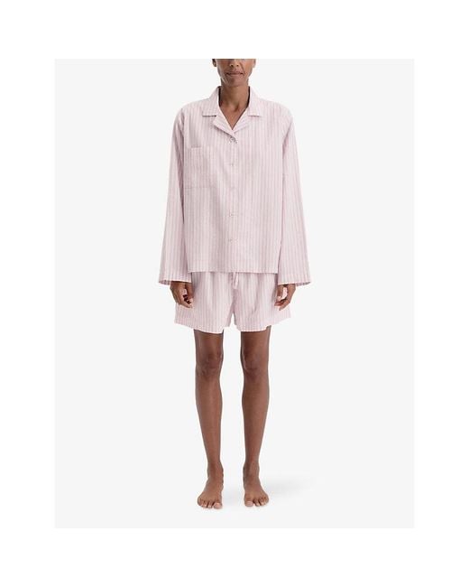 Tekla Pink Striped Cotton-Twill Pyjama Shorts