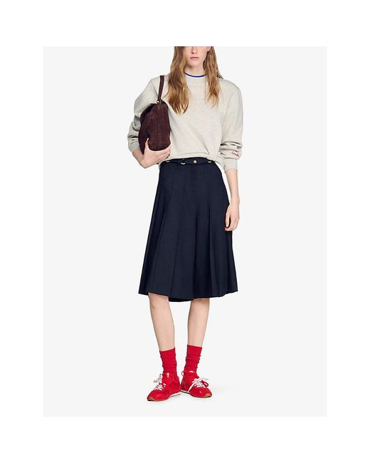 Sandro Black Pleated Long-Line Wool-Blend Shorts