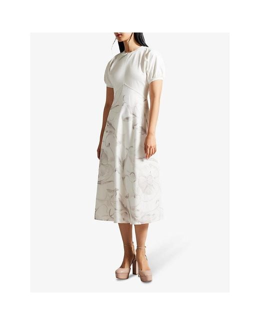 Ted Baker White Magylee Floral-print Stretch-woven Midi Dress