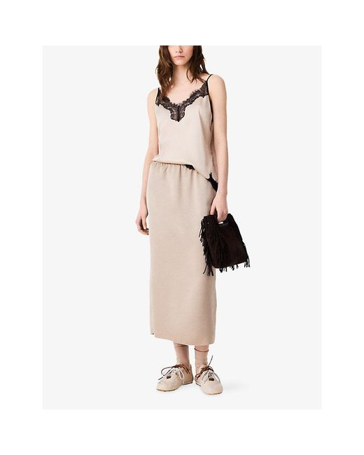 Maje Natural Contrast-Waist High-Rise Satin Pencil Skirt