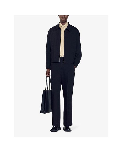 Sandro Black Shirt-collar Inverted-pleat Stretch Virgin-wool Jacket for men