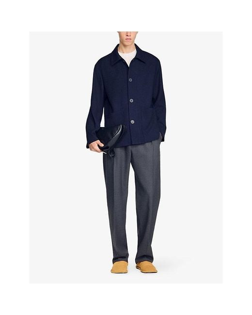 Sandro Blue Buttoned Long-Sleeve Wool Worker Jacket for men