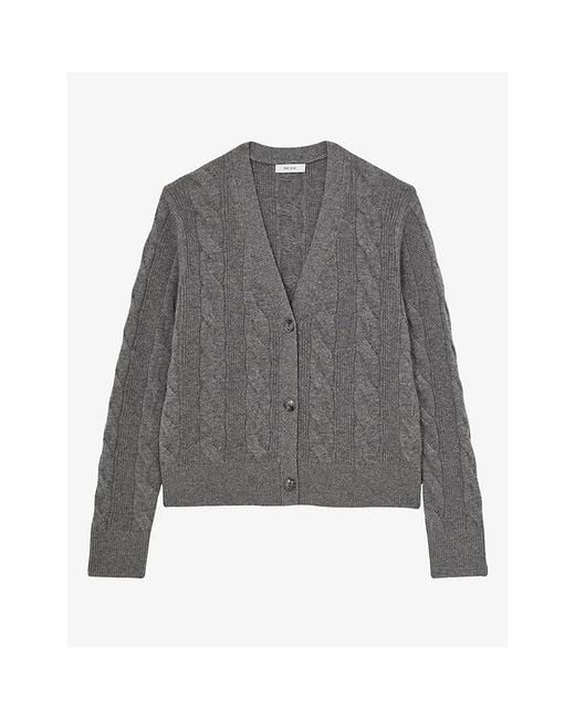 Reiss Gray Elowen Cashmere And Wool Cable-Knit Cardigan