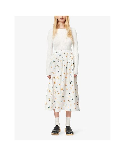 Nué Notes White Bowie Floral-print Cotton Midi Skirt