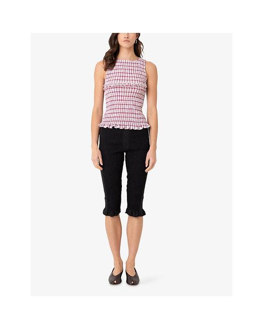 Amy Lynn Pink Mona Windowpane-Check Smocked Cotton Top