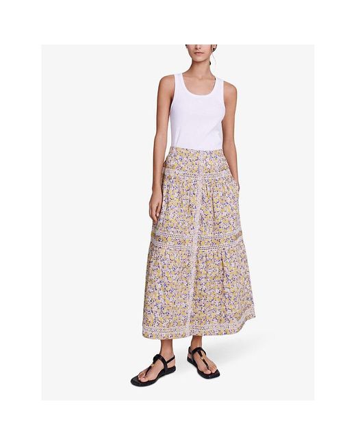 Maje Natural Floral-print Elasticated-waist Cotton Midi Skirt