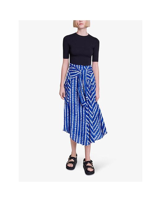 Maje Blue Contrast-skirt Woven Midi Dress