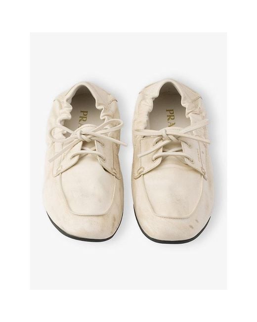 Prada White Shuffle Antiqued Leather Boat Loafers