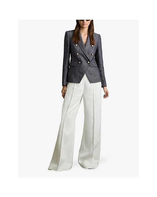 Reiss Blue Baker Peak-Lapel Double-Breasted Linen And Cotton-Blend Blazer