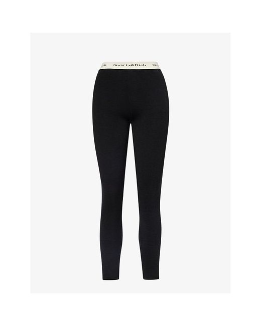 Sporty & Rich Black Branded-waistband Ribbed Stretch-woven leggings