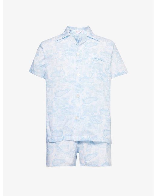 Derek Rose Blue Ledbury Graphic-print Cotton-poplin Pyjamas for men
